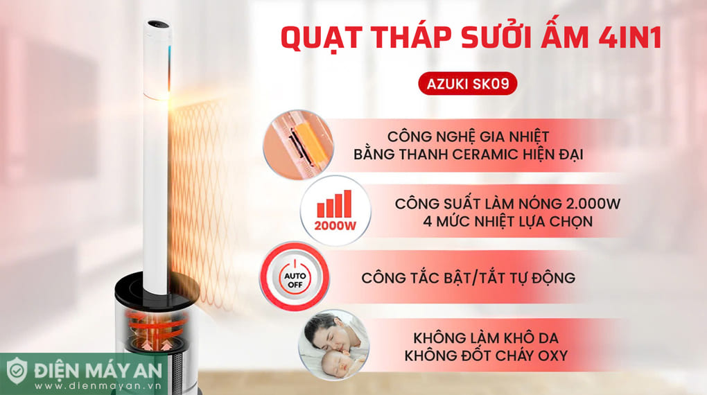 Quạt tháp sưởi 4in1 Azuki SK09
